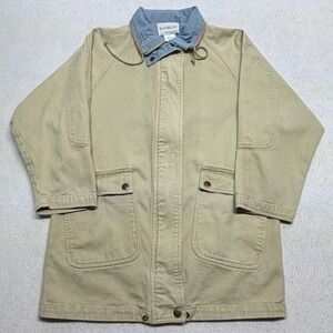 Vintage Stonybrook Tan Canvas Chore‎ Barn Jacket Denim Collar Size Small 90s